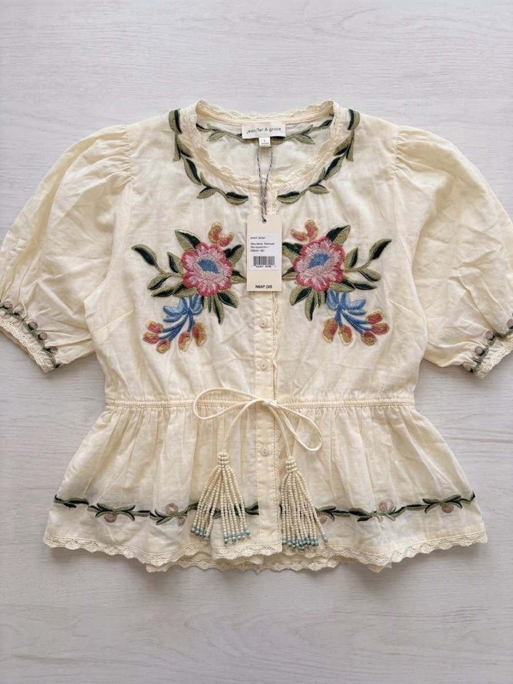 NWT Jennifer & Grace Floral Embroidered Blouse Small Ecru Puff Sleeve Boho Top